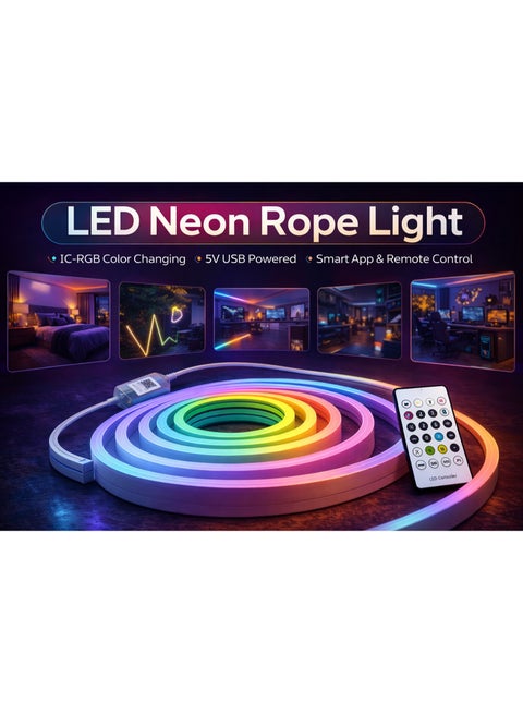 شريط إضاءة نيون LED ذكي IC-RGB بطول 5 متر – إضاءة متحركة – تحكم تطبيق + ريموت – USB مدمج